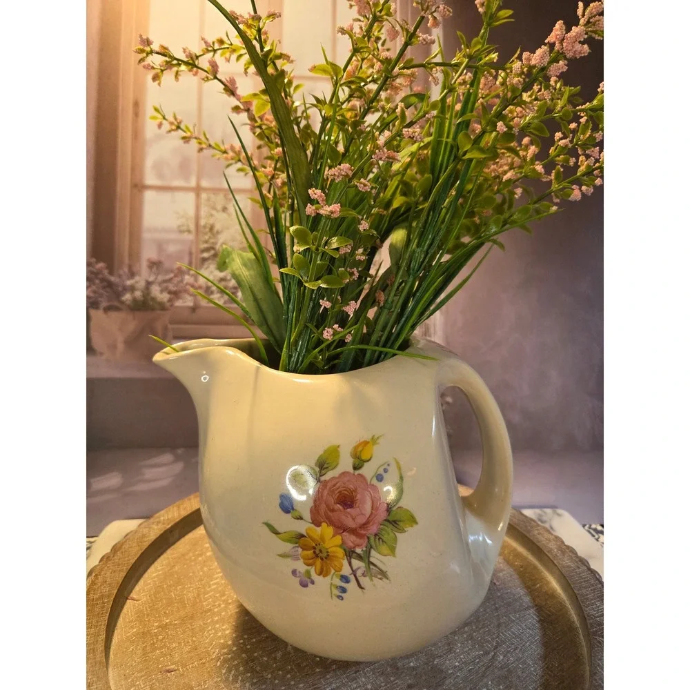 Vintage Floral water jug‎ Cream Color USA Ceramic Rose Flower Decor Farmhouse
